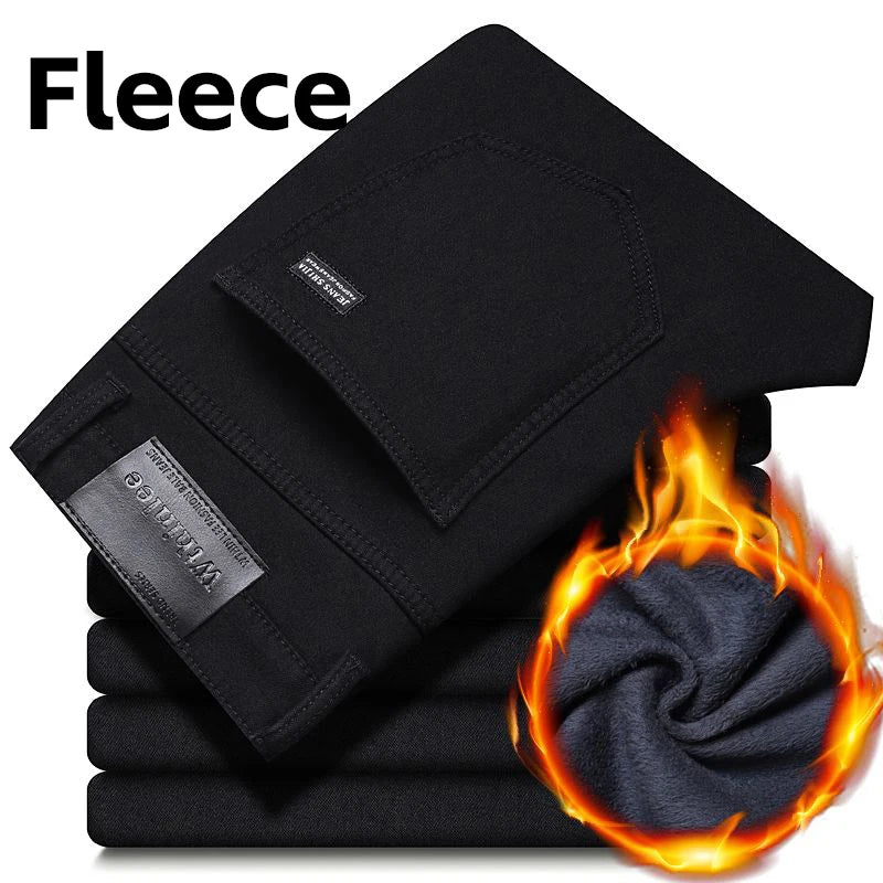 Wthinlee New Business Men's Jeans fleece Casual Straight Stretch Fashion Classic Blue Black Work Denim Trousers Male Clothing