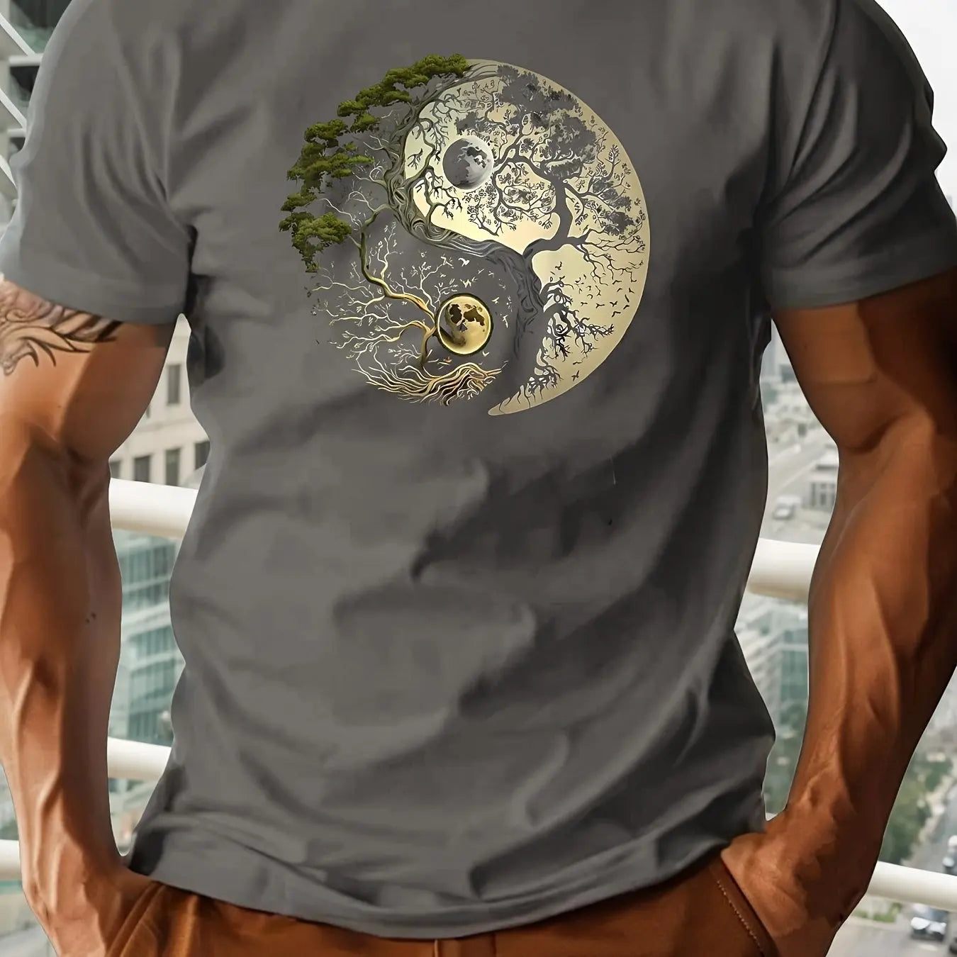 Men's summer 100% pure cotton fashionable casual loose sports yin-yang tree pattern print round neck short sleeved T-shirt top