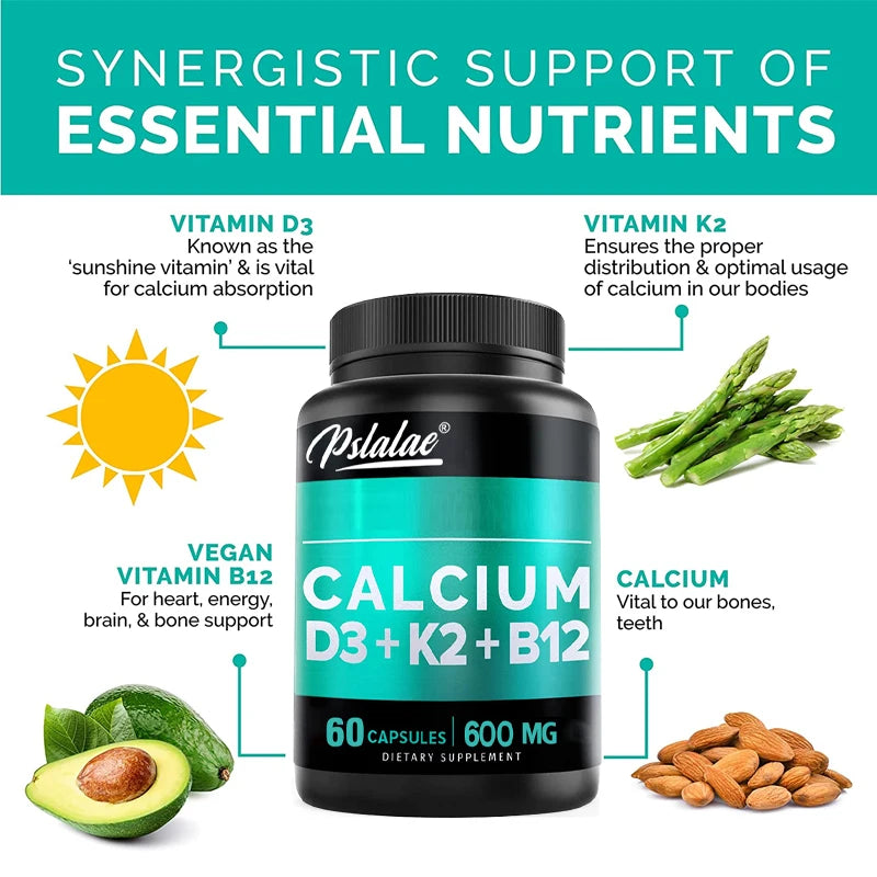 Calcium 600 Mg, Vitamin D3 K2 B12 Supplement - Provides Heart, Bone and Immune Support for Women and Men - 60 Capsules