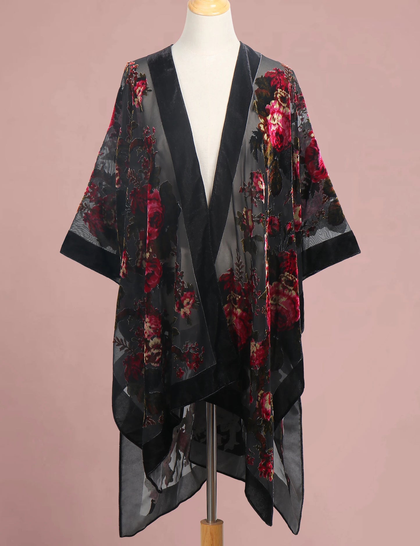 WeHello Women's Burnout Velvet Kimono Black Long Cardigan Cover Up Holiday Casual Cardigan Shawl Oversize Tops