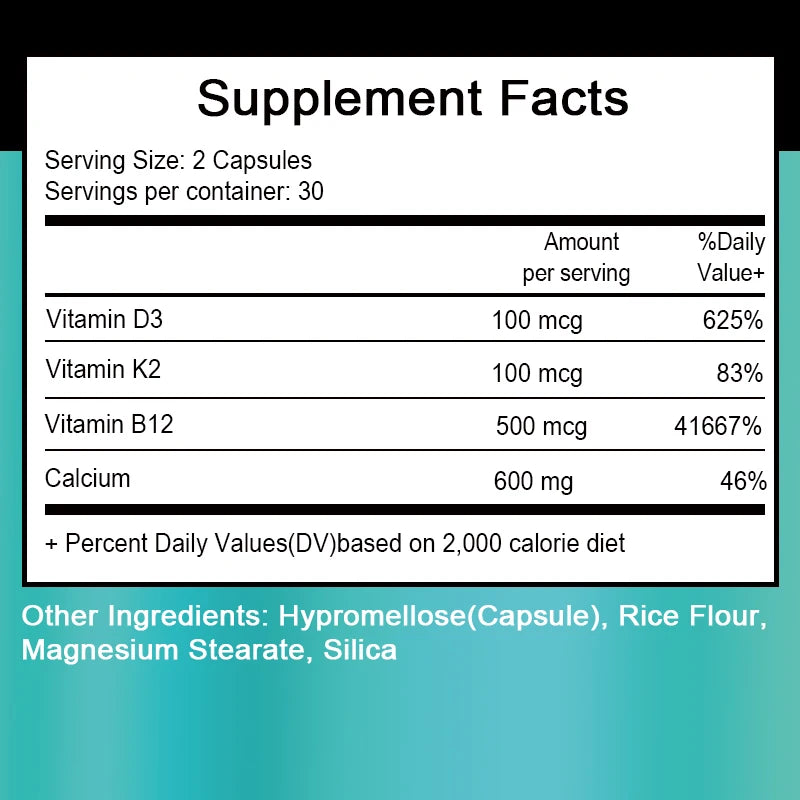 Calcium 600 Mg, Vitamin D3 K2 B12 Supplement - Provides Heart, Bone and Immune Support for Women and Men - 60 Capsules
