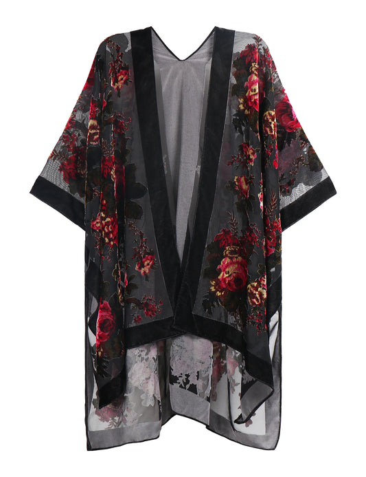 WeHello Women's Burnout Velvet Kimono Black Long Cardigan Cover Up Holiday Casual Cardigan Shawl Oversize Tops