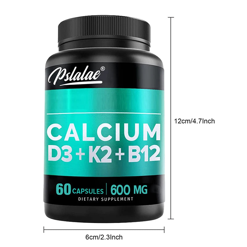 Calcium 600 Mg, Vitamin D3 K2 B12 Supplement - Provides Heart, Bone and Immune Support for Women and Men - 60 Capsules