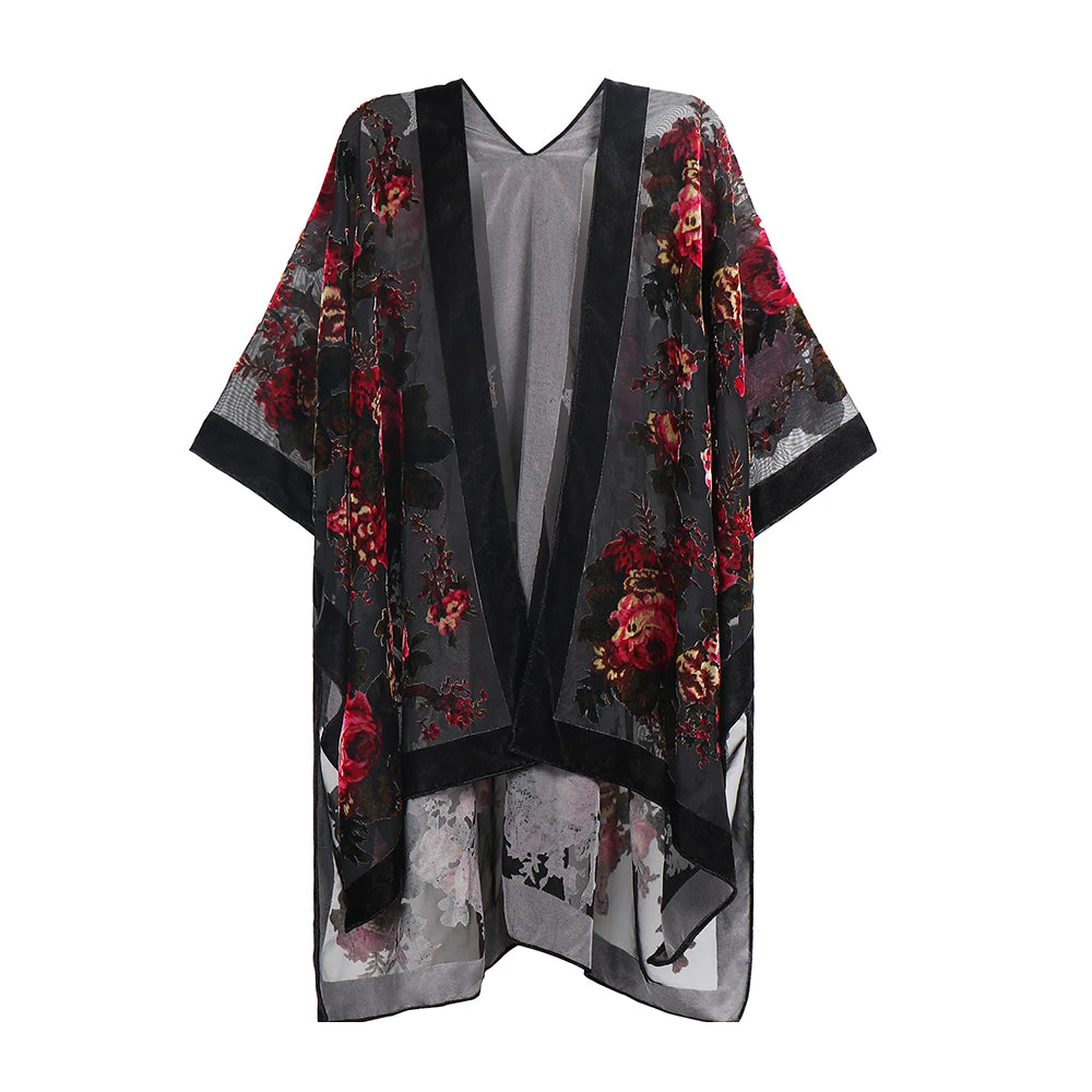 WeHello Women's Burnout Velvet Kimono Black Long Cardigan Cover Up Holiday Casual Cardigan Shawl Oversize Tops