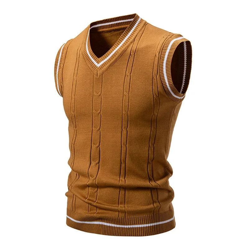 New Men's Knit V-Neck Sleeveless Vests Slim Fit Knitted Pullovers Sweaters Fashion Patchwork Smart Casual Streetwear