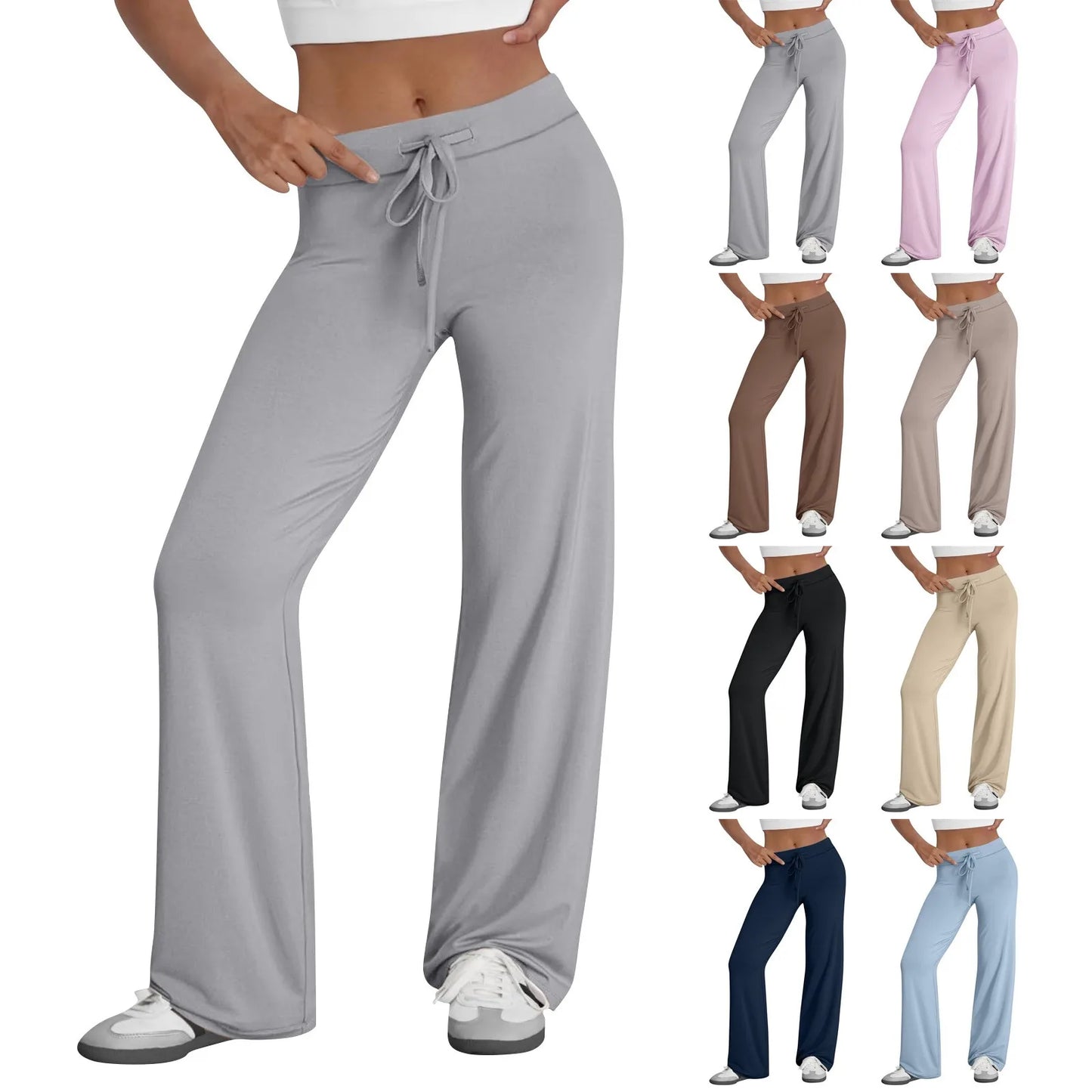 Activewear Women Wide Leg Pants Casual Cotton Yoga Pants With Pockets High Waist Drawstring Baggy Sweatpants Flare Leggings