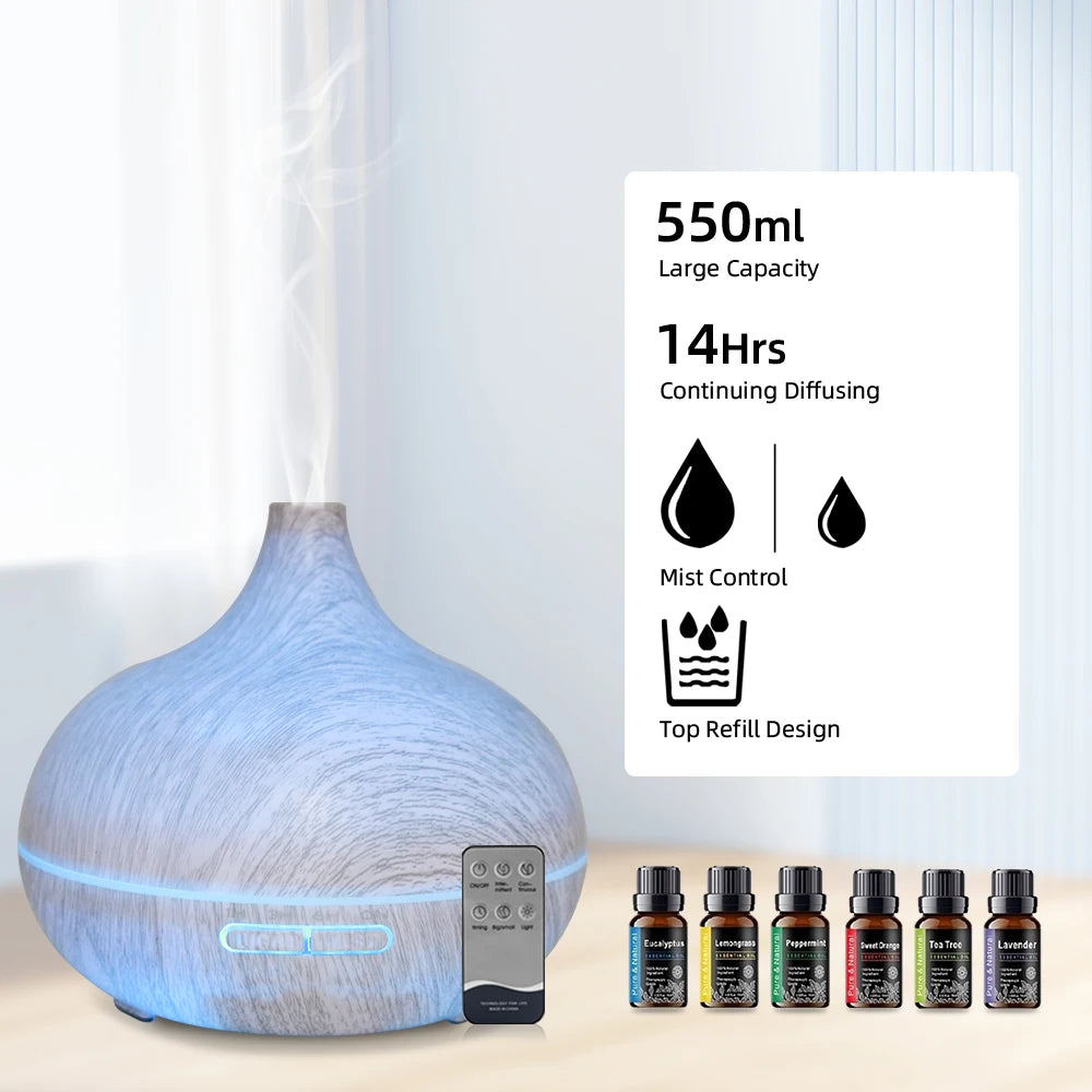 2 PCS 550ml Cool Mist Essential Oil Diffuser & Humidifier  Auto Shut-Off, Remote Control, 7 Color LED Lights, Soundwave Tech for