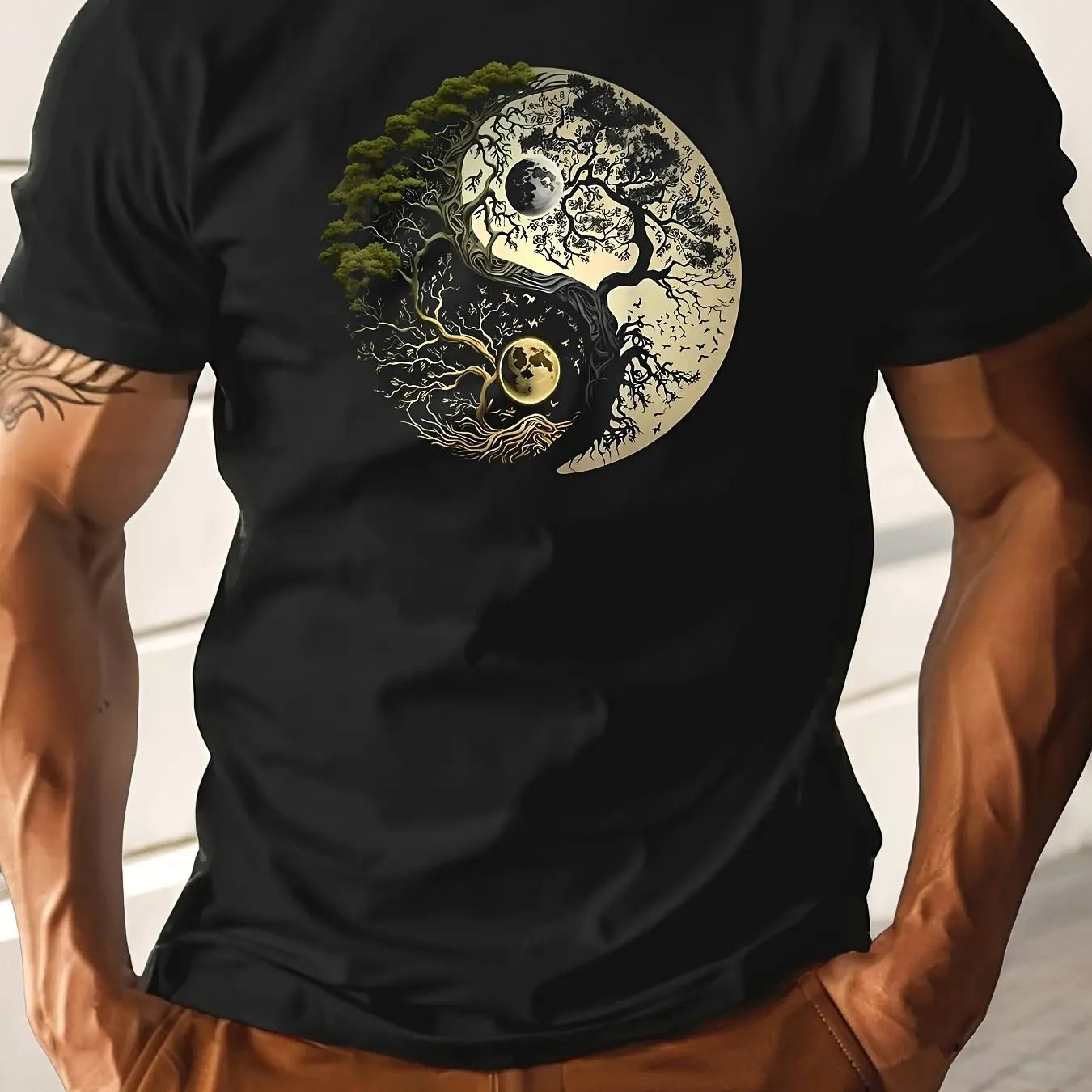 Men's summer 100% pure cotton fashionable casual loose sports yin-yang tree pattern print round neck short sleeved T-shirt top