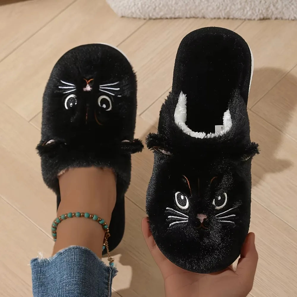 Womens Plush Cat Slippers Winter Warm Cozy Indoor House Shoes Soft EVA Sole Non-Slip Design
