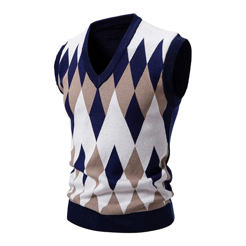 New Mens Argyle Knitwear Vest V Neck Sleeveless Casual Slim Fit Pullover Knitted Sweater lightweight vests