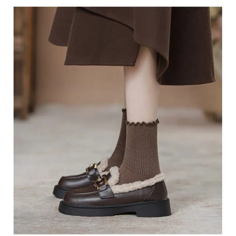 Women's Fur Lined Loafers 2025 Chunky Platform Winter Shoes Horsebit Slip On  Comfortable Flats