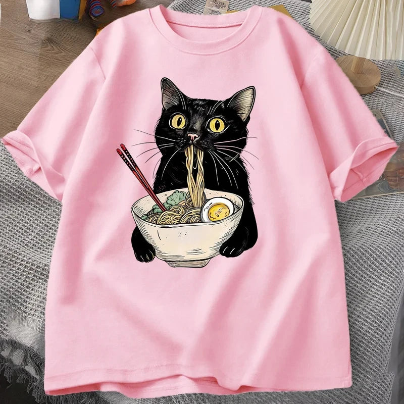 Noodle Ramen Cat T-Shirt Foodie Lover T Shirts Black Cat Noodle T-Shirts Retro Casual Short Sleeve Tshirt for Men Women Clothes