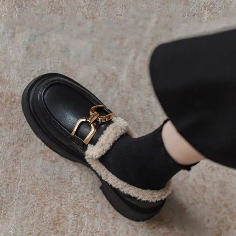 Women's Fur Lined Loafers 2025 Chunky Platform Winter Shoes Horsebit Slip On  Comfortable Flats