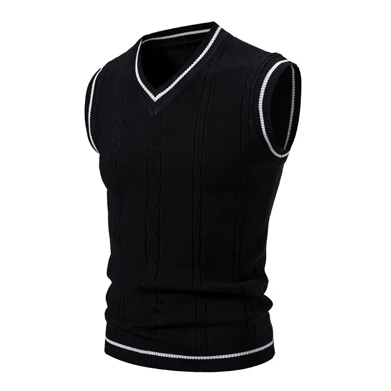 New Men's Knit V-Neck Sleeveless Vests Slim Fit Knitted Pullovers Sweaters Fashion Patchwork Smart Casual Streetwear
