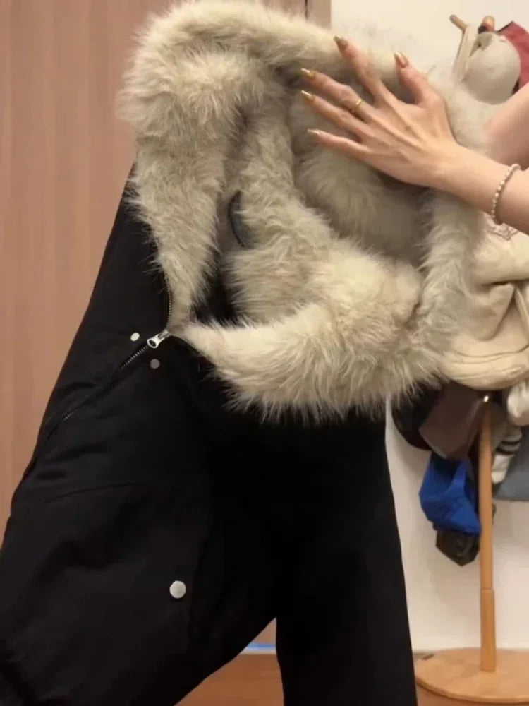 2025 Winter Black Elegant Vintage Jacket Woman Y2k Zip Up Hooded Design Harajuku Coat Female Loose Casual Korean Popular Clothes