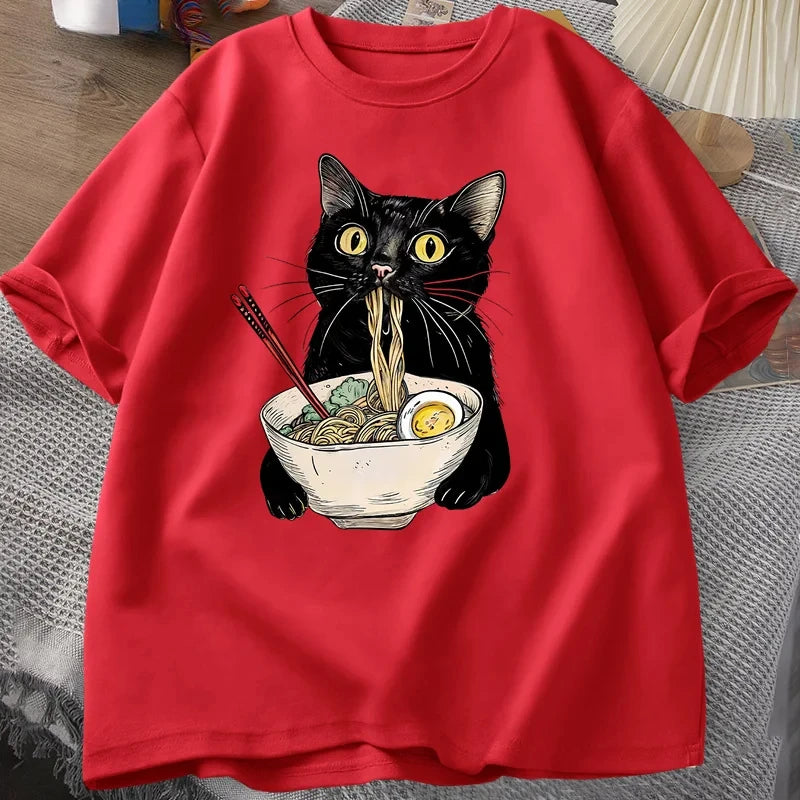 Noodle Ramen Cat T-Shirt Foodie Lover T Shirts Black Cat Noodle T-Shirts Retro Casual Short Sleeve Tshirt for Men Women Clothes