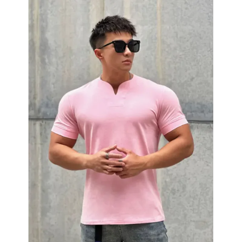 Mens Clothing New Fashion V neck Short Sleeve T Shirt Men Slim Fit T-shirt Men cotton Casual Summer Gym Fitness Tee shirt