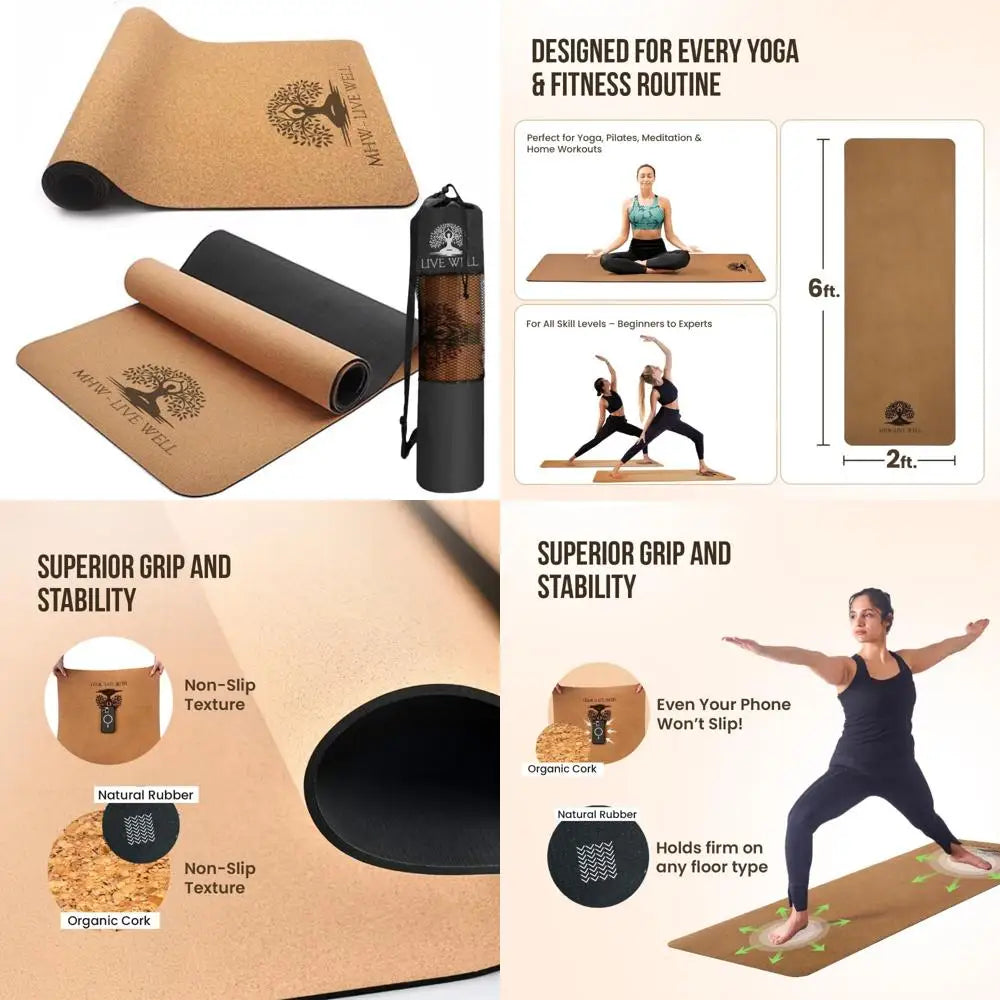 Eco-Friendly Cork and TPE Yoga Mats for Home Workouts - Extra Wide, Long, Foldable, Non-Slip, Odor-Resistant