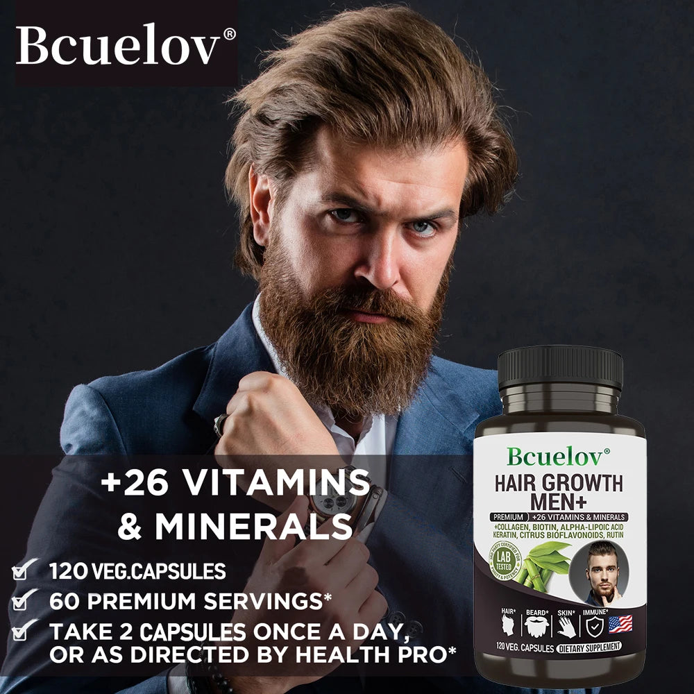 Men's Hair Care Supplement - 26 Mineral Vitamins - Healthy Hair, Beard, Skin, Nails - 120 Capsules