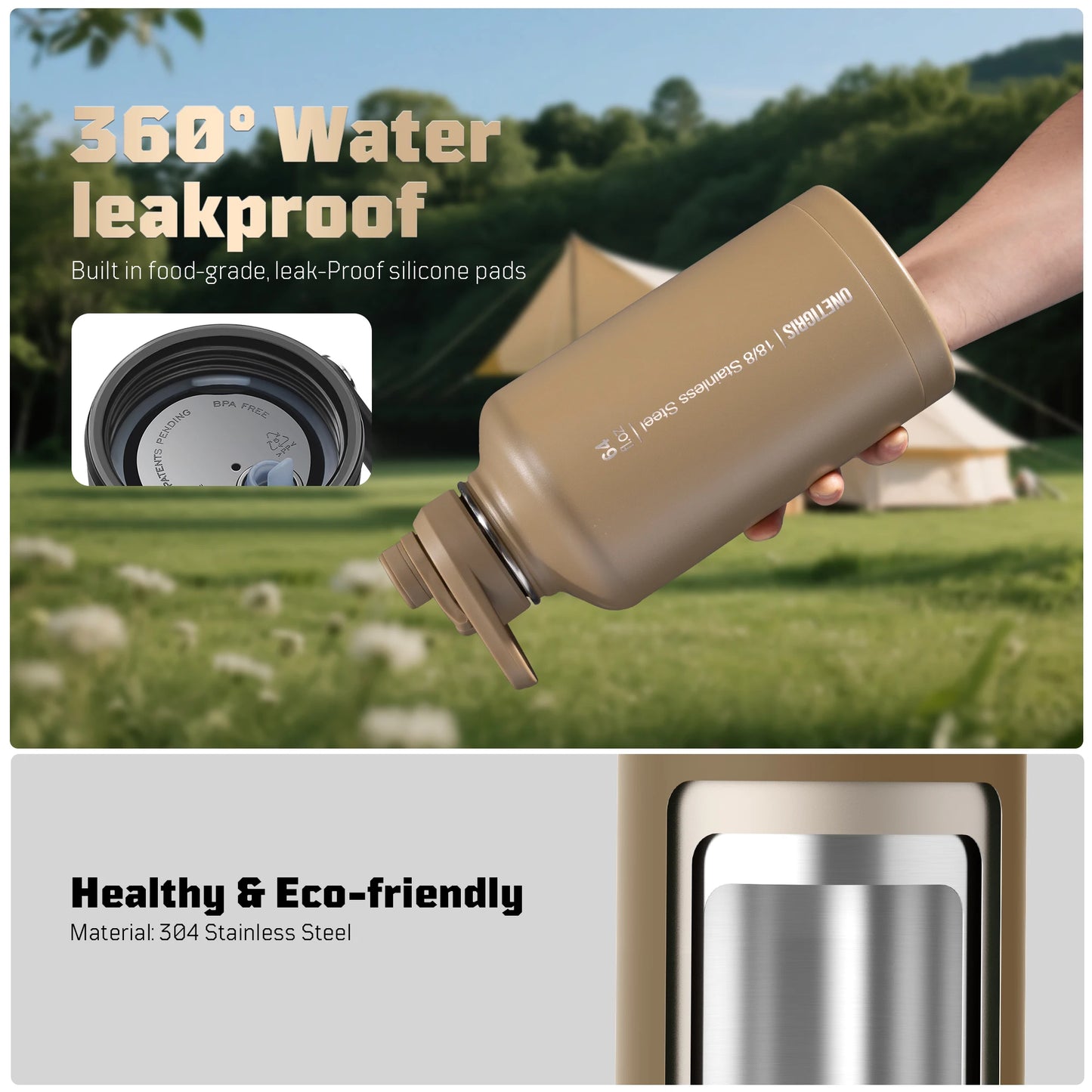 OneTigris 64oz Insulated Water Bottle, Stainless Steel Tactical Water Jug with 3 Lids, Straw, Leak-Proof Design & Carry Bag