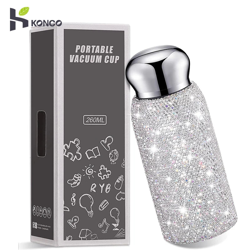 Rhinestone Water Bottle 260ML Diamond Insulated cups Luxurious Stainless Steel Thermos Mug Leak-Proof Water Cup for Coffee