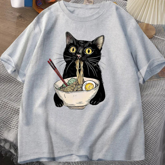 Noodle Ramen Cat T-Shirt Foodie Lover T Shirts Black Cat Noodle T-Shirts Retro Casual Short Sleeve Tshirt for Men Women Clothes