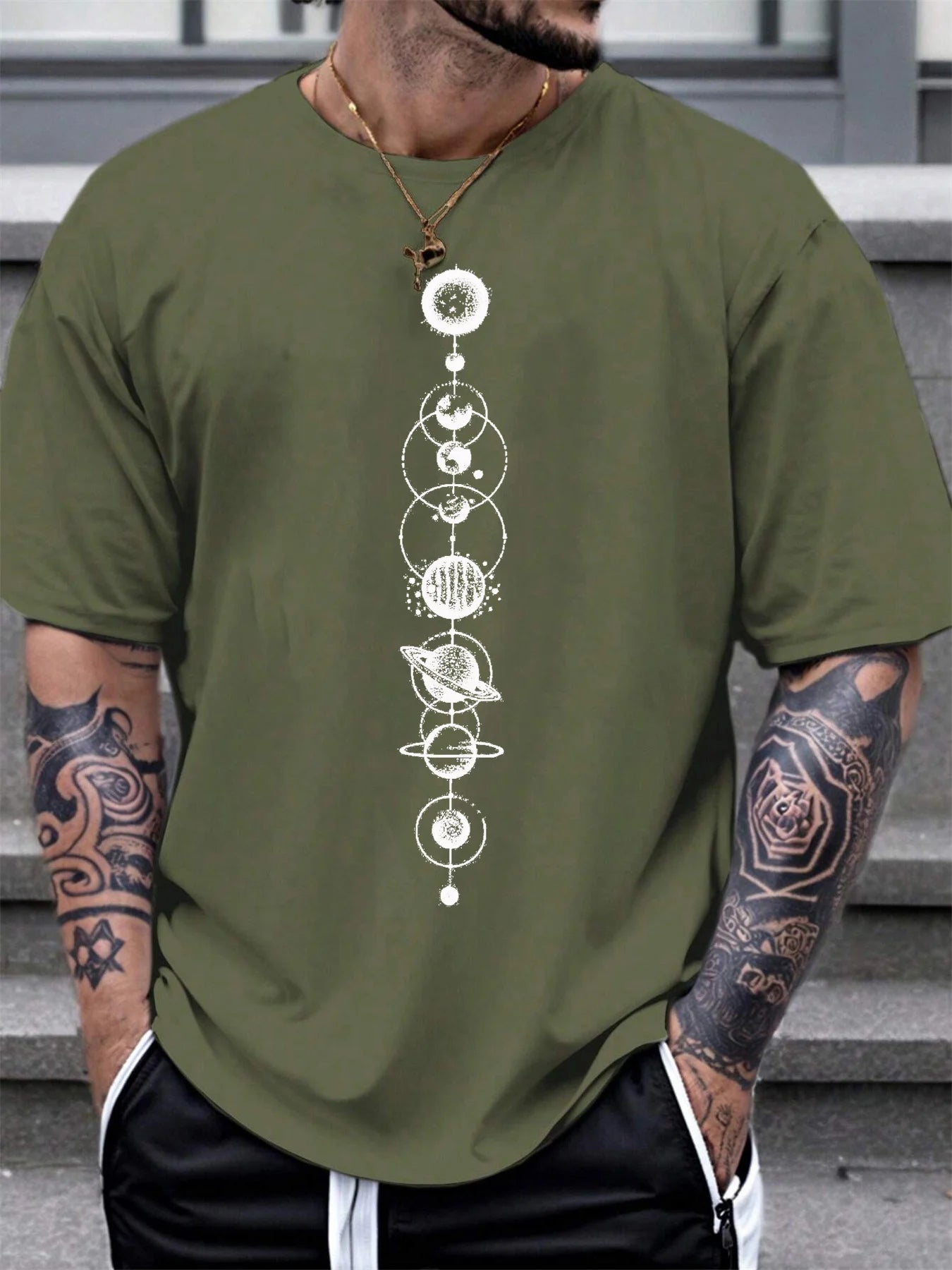 Men's summer 100 cotton fashionable casual sports loose space planet pattern printed round neck short sleeved T-shirt top