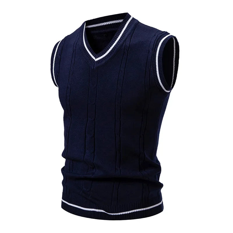 New Men's Knit V-Neck Sleeveless Vests Slim Fit Knitted Pullovers Sweaters Fashion Patchwork Smart Casual Streetwear