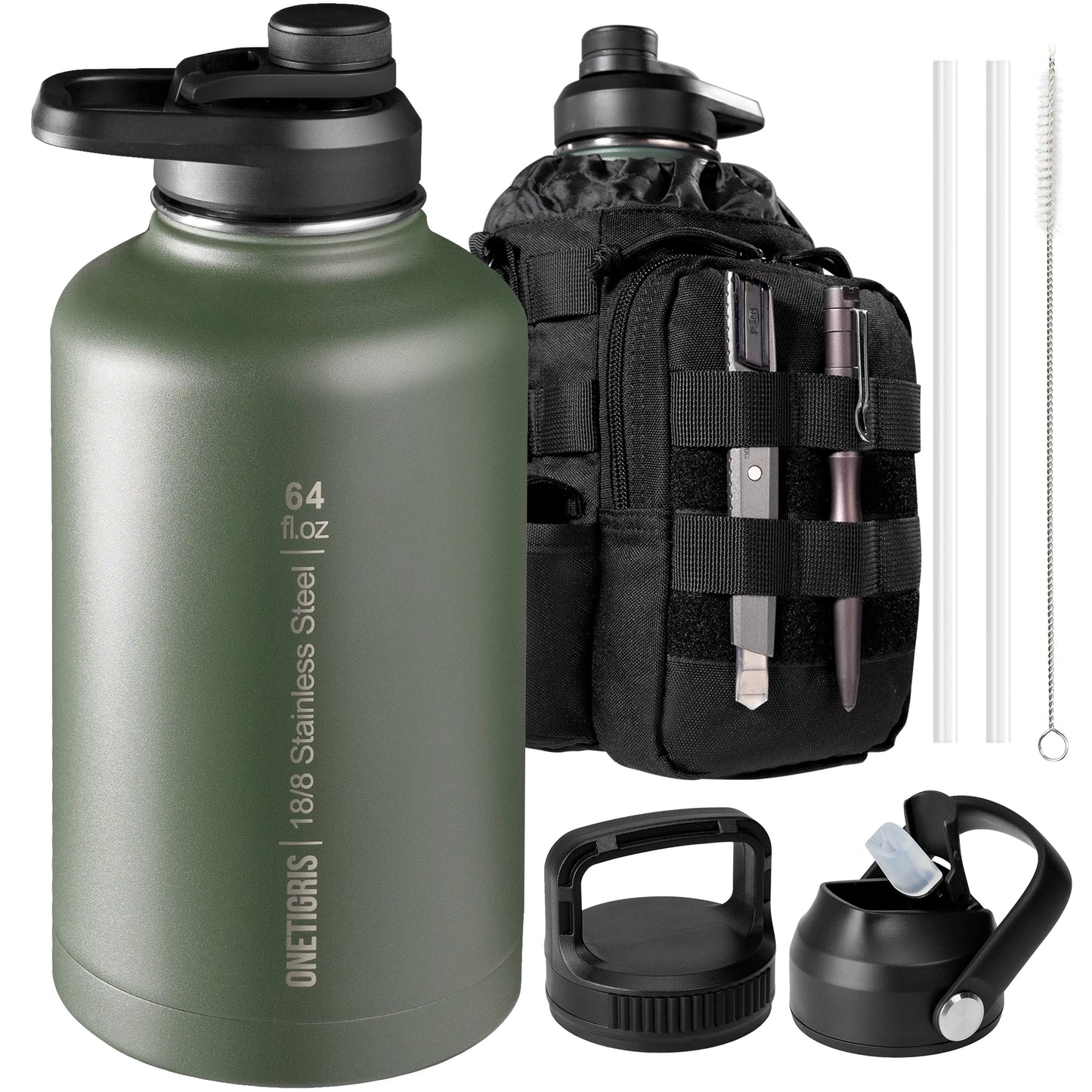 OneTigris 64oz Insulated Water Bottle, Stainless Steel Tactical Water Jug with 3 Lids, Straw, Leak-Proof Design & Carry Bag