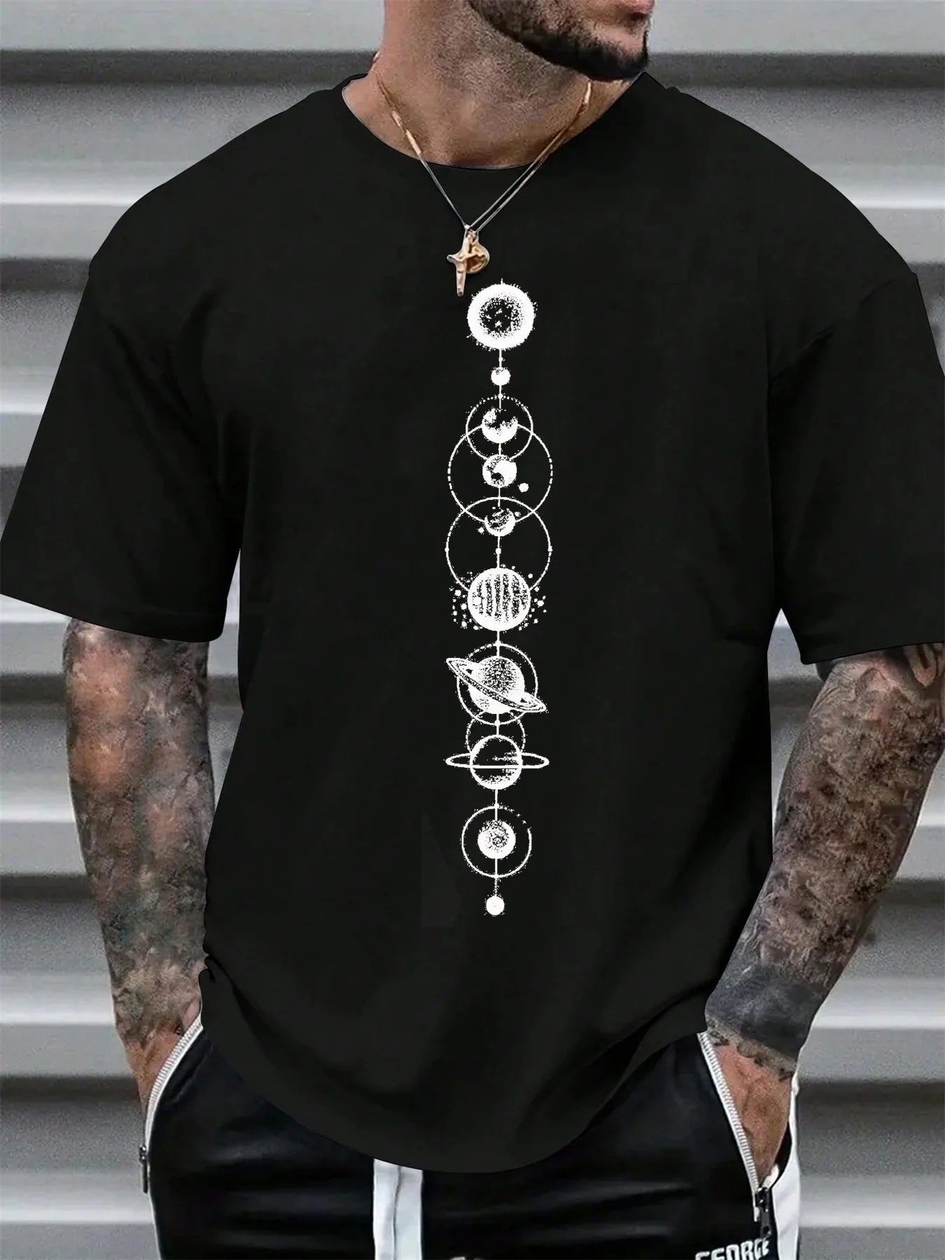 Men's summer 100 cotton fashionable casual sports loose space planet pattern printed round neck short sleeved T-shirt top