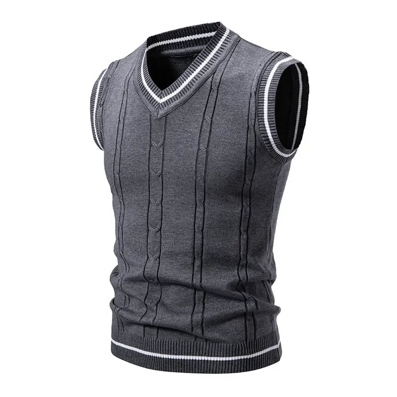 New Men's Knit V-Neck Sleeveless Vests Slim Fit Knitted Pullovers Sweaters Fashion Patchwork Smart Casual Streetwear
