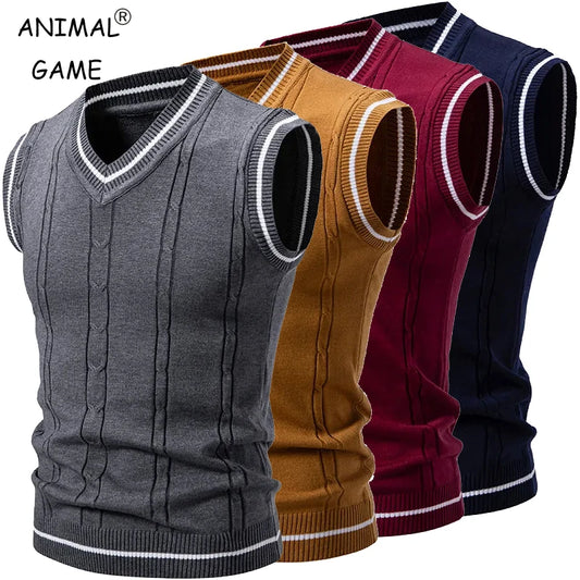 New Men's Knit V-Neck Sleeveless Vests Slim Fit Knitted Pullovers Sweaters Fashion Patchwork Smart Casual Streetwear