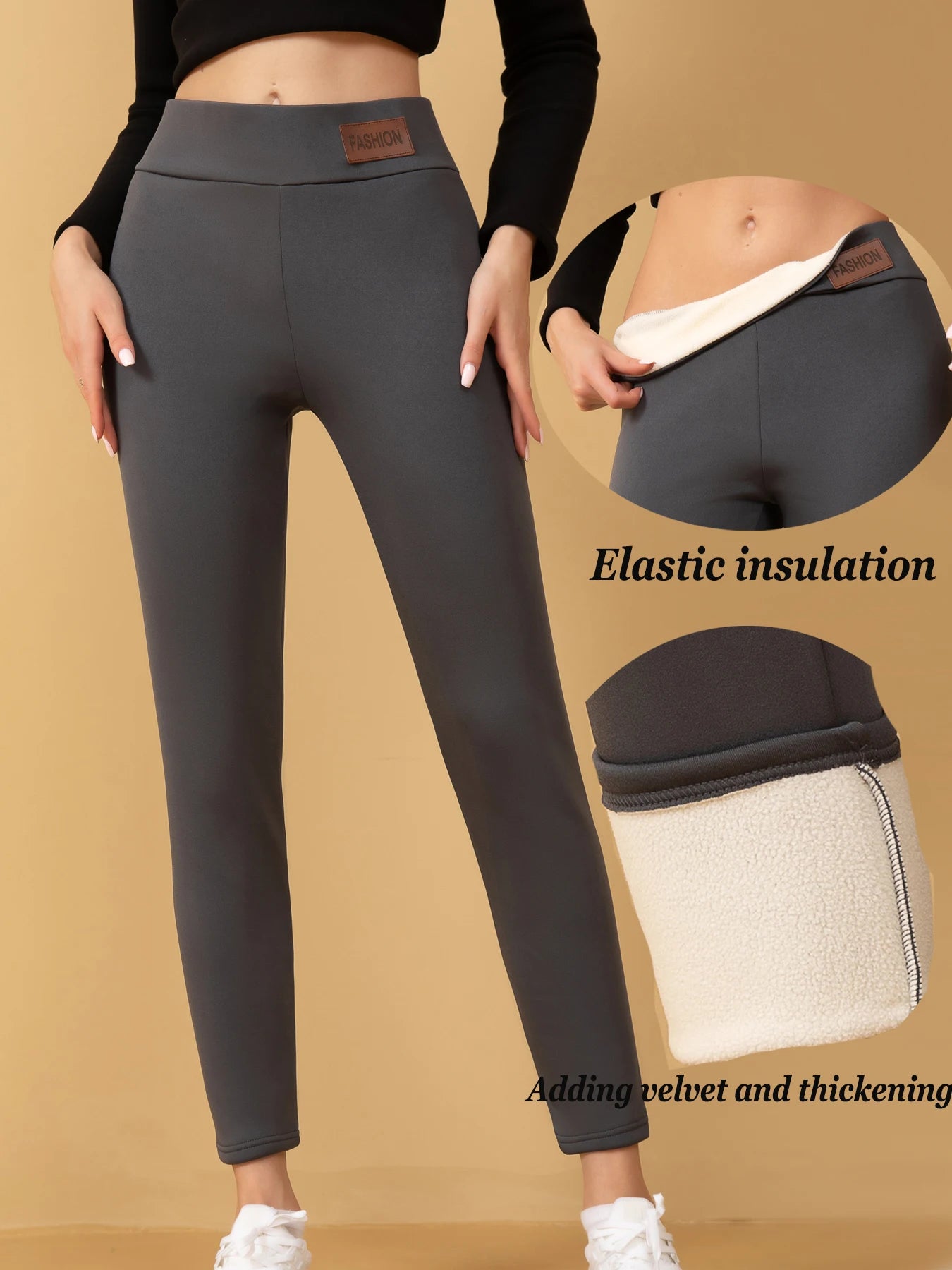 【4 Pack Winter Warm Leggings】Women's High Waist Fleece Lined Pants, Black+Gray+Navy+Red Thermal Trousers with Faux Fur Cuff, Str