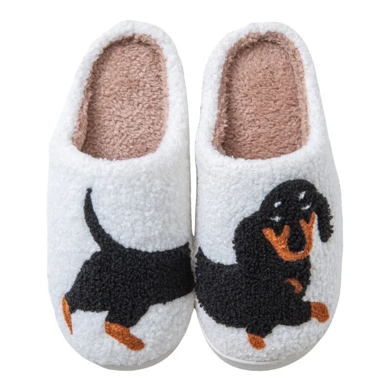 Cartoon Cute Cat Dachshund Dog Women Slippers Indoor Warm Comfort Lightweight Bedroom Concise Winter Cotton Shoes Men Slides