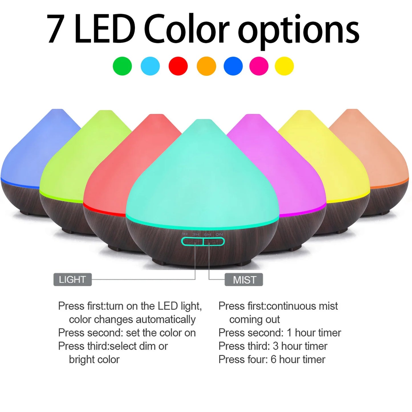 Ultrasonic Air Humidifier 500ml Aromatherapy mist Essential Oil Diffusers LED night lights with 6 oils for home office yoga