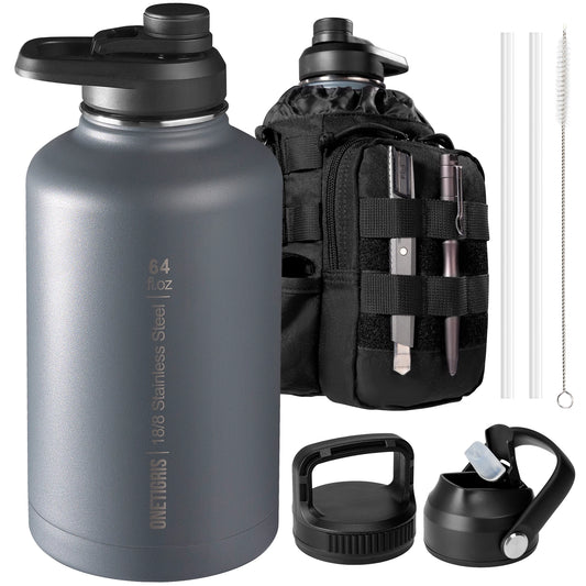 OneTigris 64oz Insulated Water Bottle, Stainless Steel Tactical Water Jug with 3 Lids, Straw, Leak-Proof Design & Carry Bag