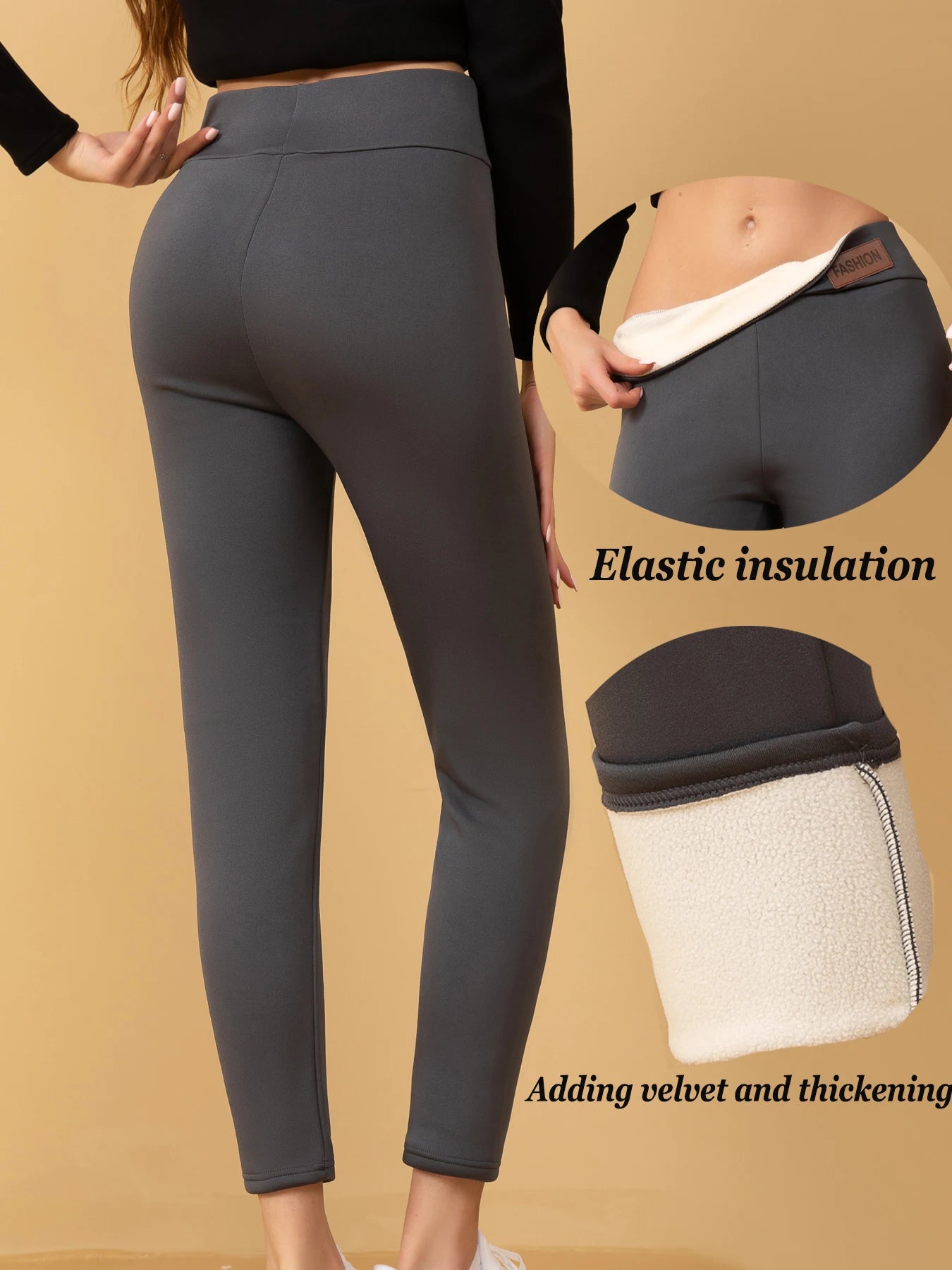 【4 Pack Winter Warm Leggings】Women's High Waist Fleece Lined Pants, Black+Gray+Navy+Red Thermal Trousers with Faux Fur Cuff, Str