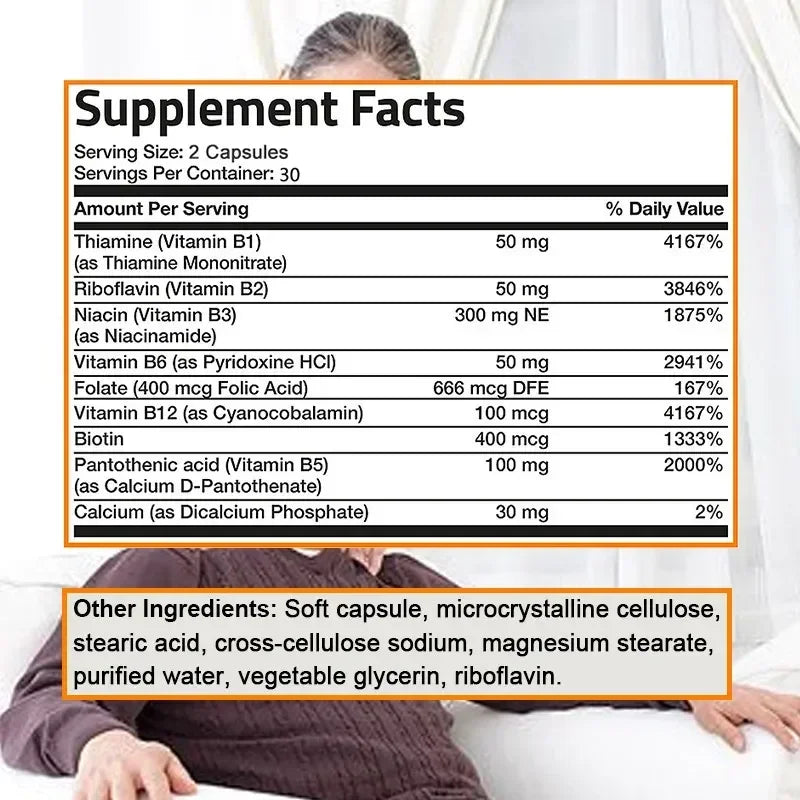 B Vitamin Supplements, Including Folic Acid and Biotin, To Support Heart and Nervous System Health, Energy Metabolism