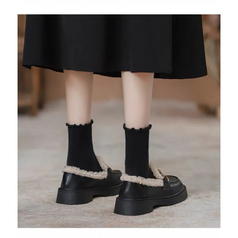 Women's Fur Lined Loafers 2025 Chunky Platform Winter Shoes Horsebit Slip On  Comfortable Flats