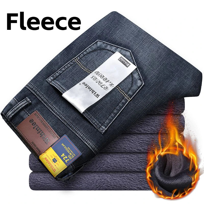 Wthinlee New Business Men's Jeans fleece Casual Straight Stretch Fashion Classic Blue Black Work Denim Trousers Male  Clothing