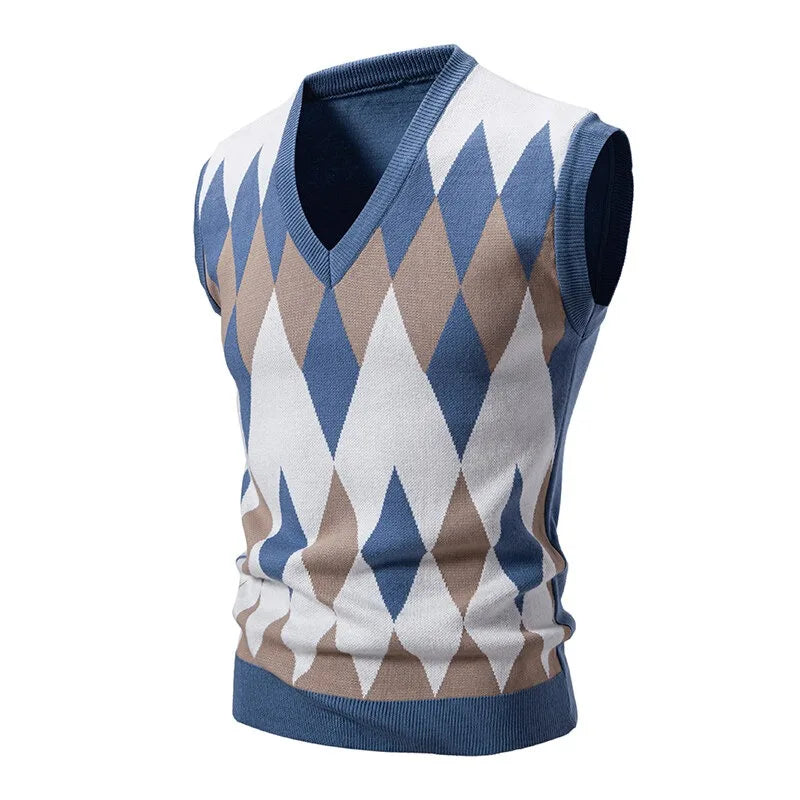New Mens Argyle Knitwear Vest V Neck Sleeveless Casual Slim Fit Pullover Knitted Sweater lightweight vests