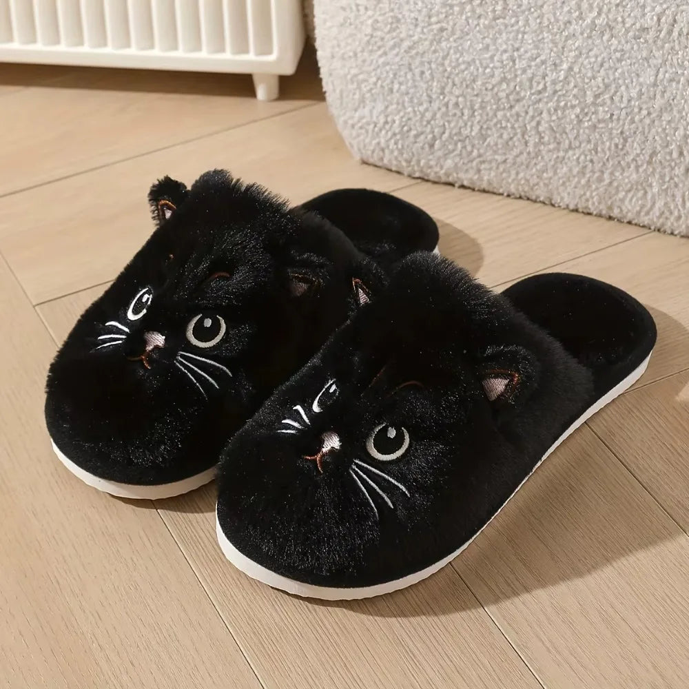 Womens Plush Cat Slippers Winter Warm Cozy Indoor House Shoes Soft EVA Sole Non-Slip Design