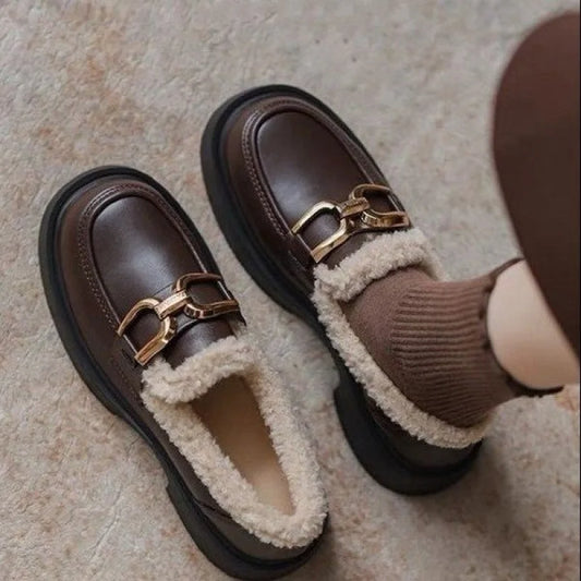 Women's Fur Lined Loafers 2025 Chunky Platform Winter Shoes Horsebit Slip On  Comfortable Flats