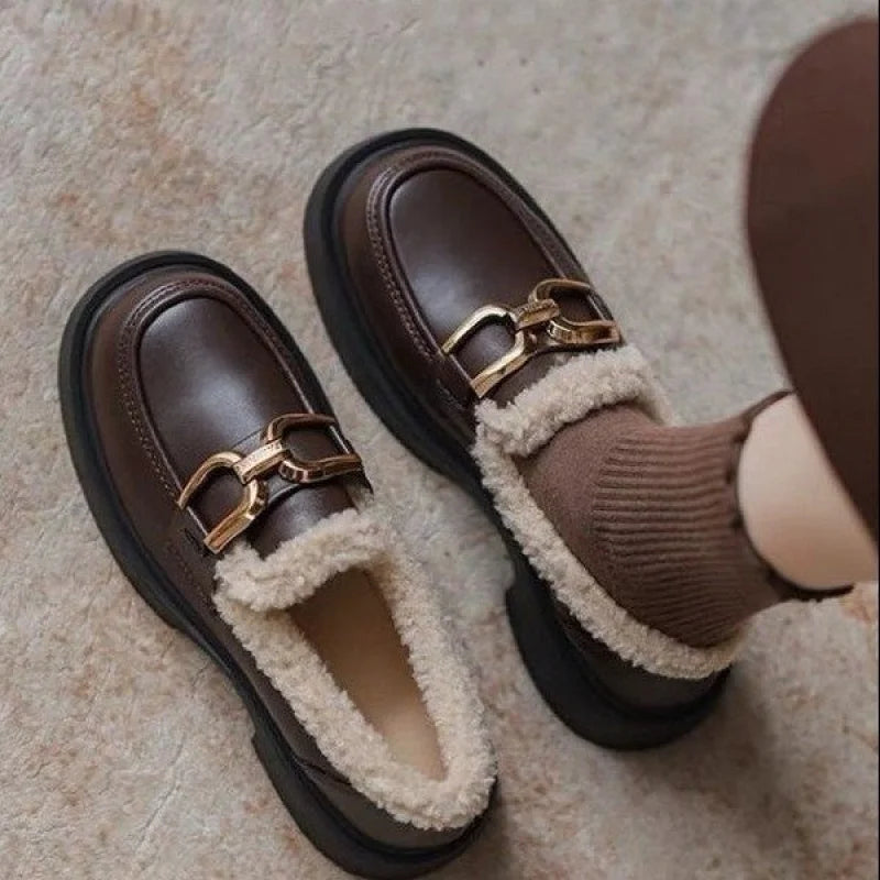 Women's Fur Lined Loafers 2025 Chunky Platform Winter Shoes Horsebit Slip On  Comfortable Flats