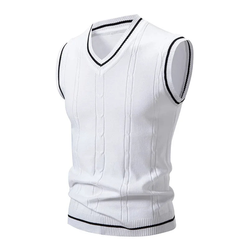 New Men's Knit V-Neck Sleeveless Vests Slim Fit Knitted Pullovers Sweaters Fashion Patchwork Smart Casual Streetwear