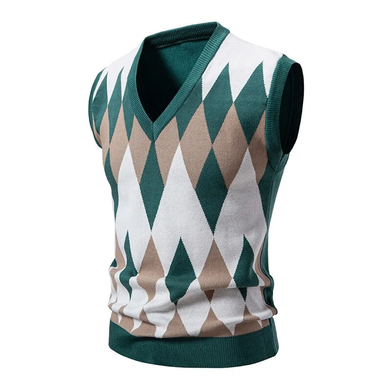 New Mens Argyle Knitwear Vest V Neck Sleeveless Casual Slim Fit Pullover Knitted Sweater lightweight vests