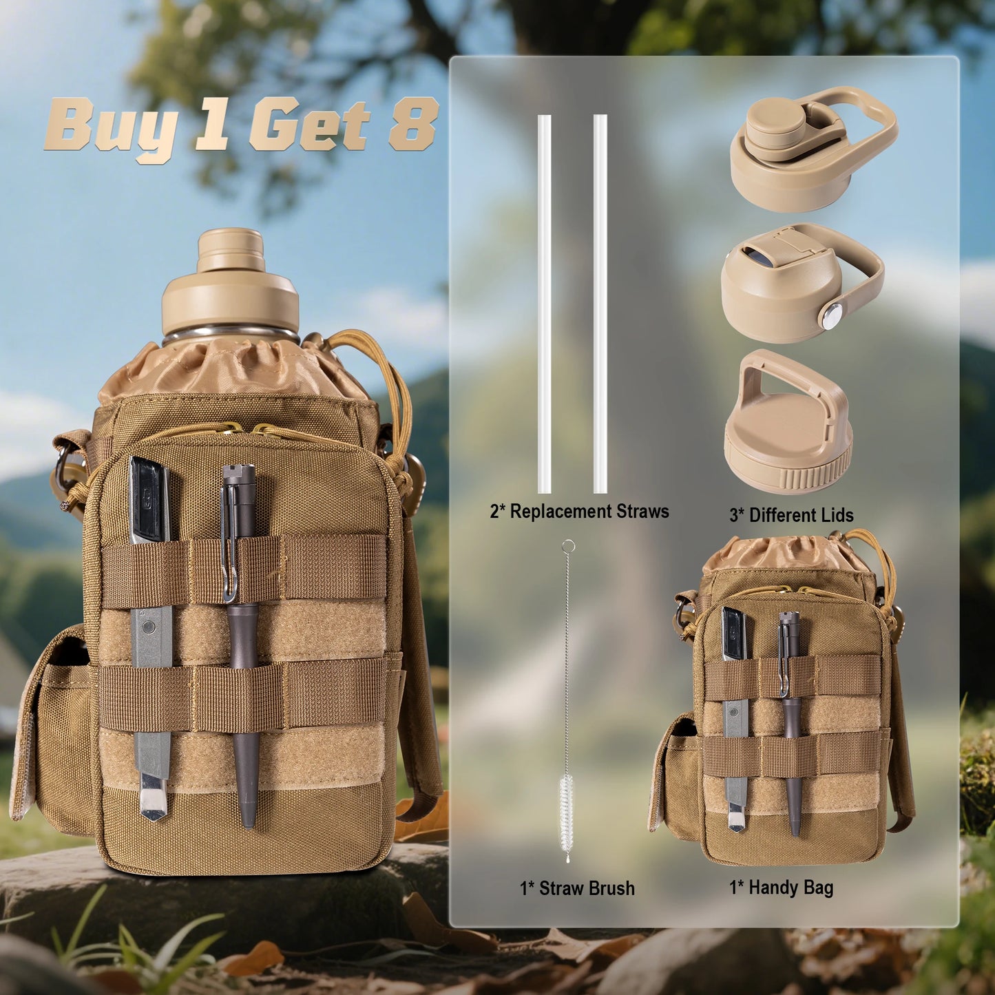 OneTigris 64oz Insulated Water Bottle, Stainless Steel Tactical Water Jug with 3 Lids, Straw, Leak-Proof Design & Carry Bag