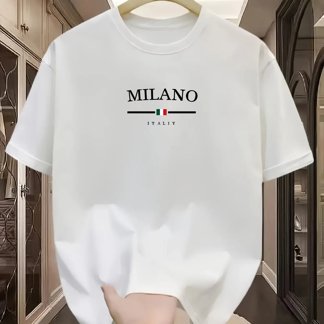 Men's 100% pure cotton fashionable casual loose Italian style Milan letter printed round neck short sleeved T-shirt top