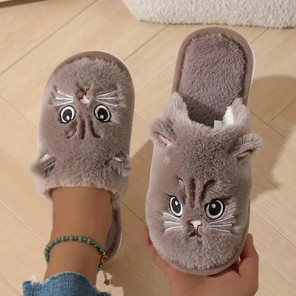 Womens Plush Cat Slippers Winter Warm Cozy Indoor House Shoes Soft EVA Sole Non-Slip Design