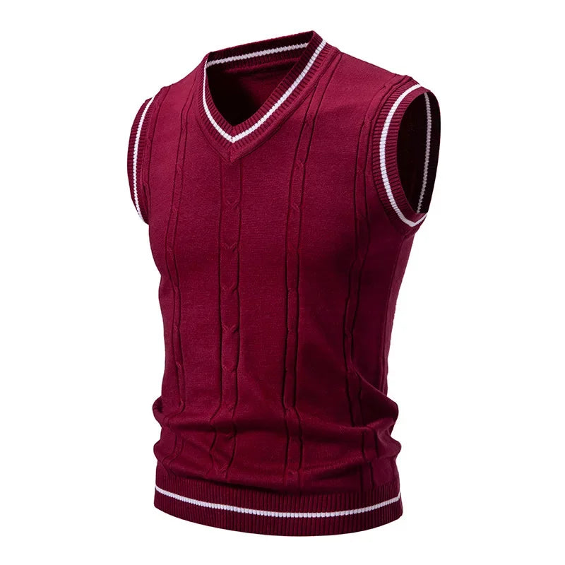 New Men's Knit V-Neck Sleeveless Vests Slim Fit Knitted Pullovers Sweaters Fashion Patchwork Smart Casual Streetwear